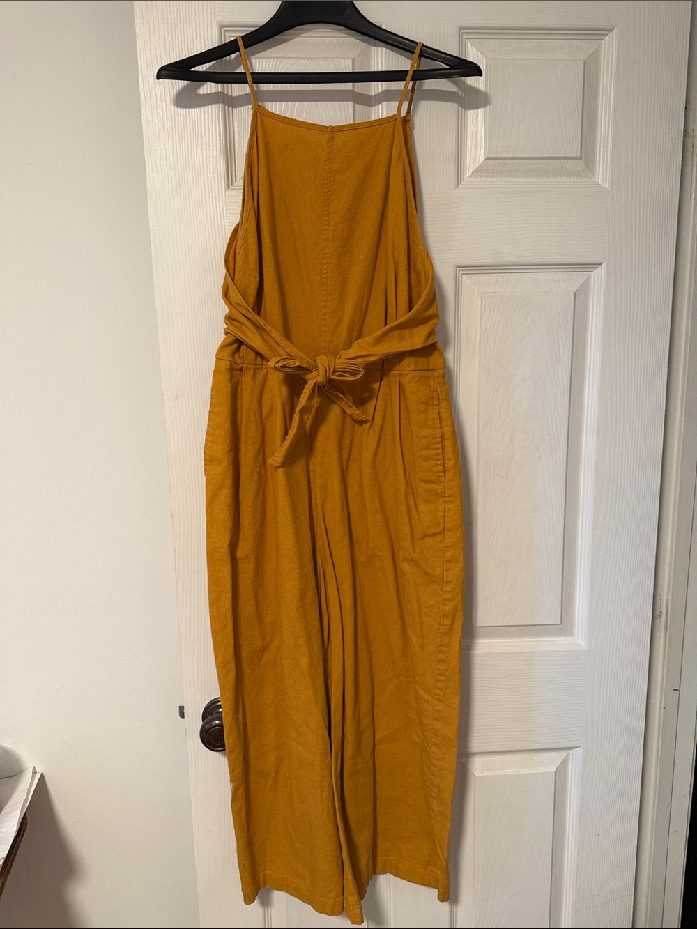 Greylin Mustard Spaghetti-Strap Wide-Leg Jumpsuit with Tie Waist